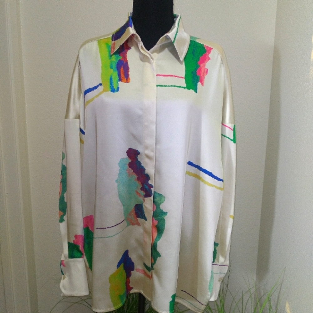 H&M STUDIO 2020 Women's MultiColor Abstract Print Long Sleeve Blouse- Size S - Picture 2 of 14